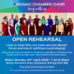 Mosaic is holding an open rehearsal for any potential new members to come and try us out on Monday April 20th 